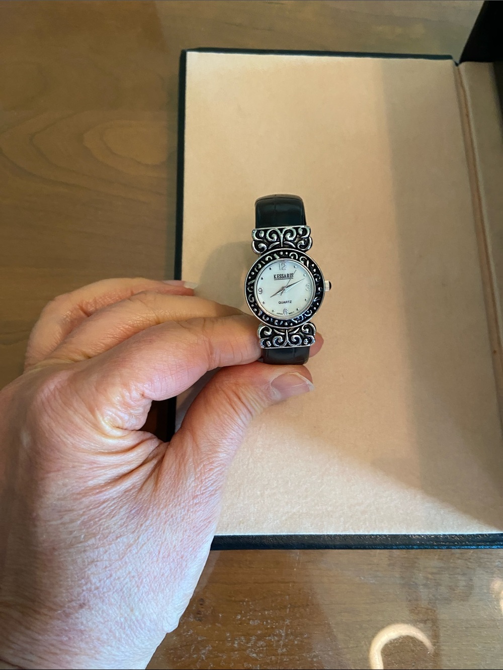NWOT Kessaris Ladies Cuff Watch. Silver & Black Band. Mother of Pearl Face.